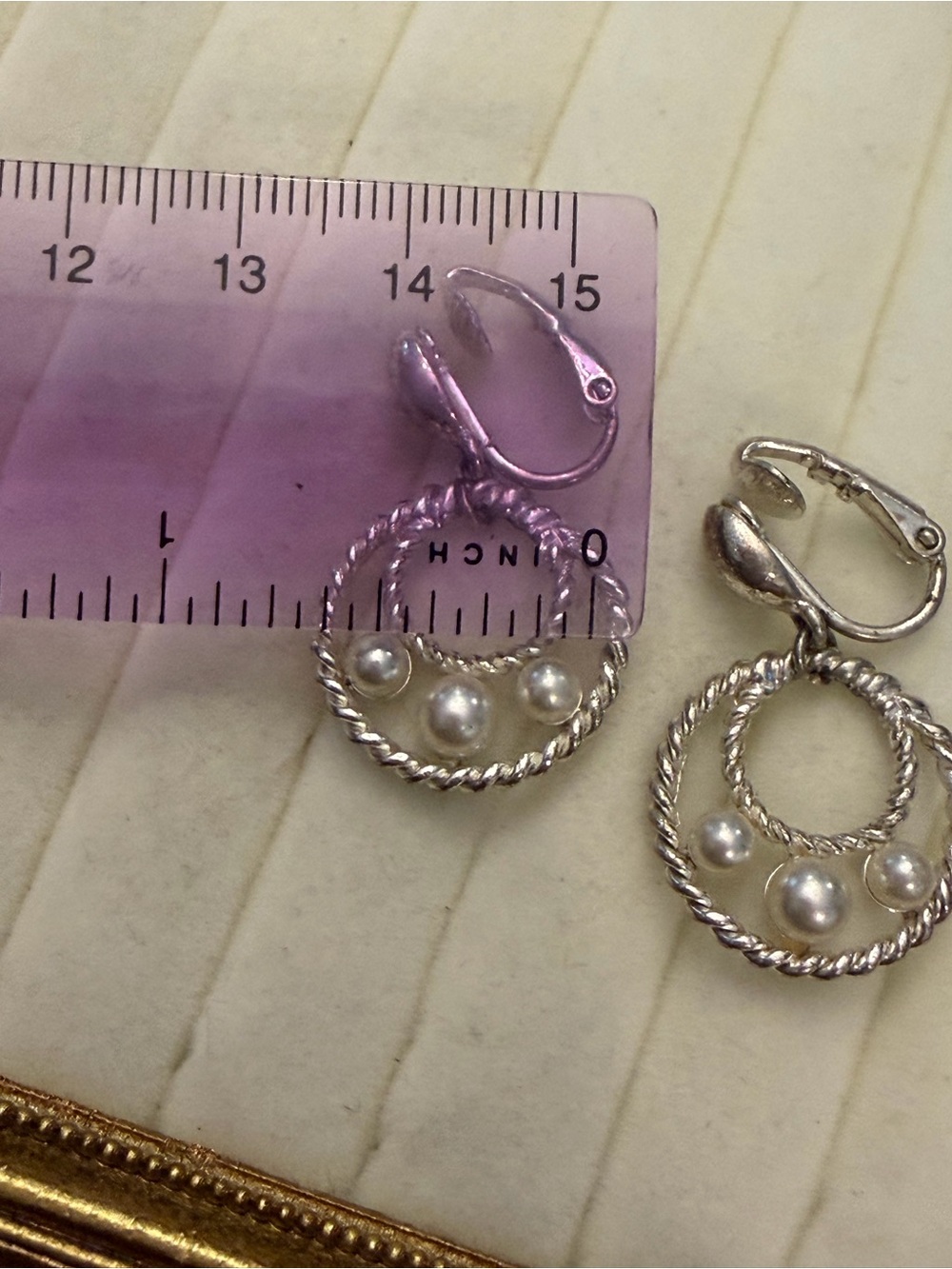 Silver Tone Dangle Earrings Clip On Twisted Rope Style Faux Pearls Office Formal - Picture 7 of 8